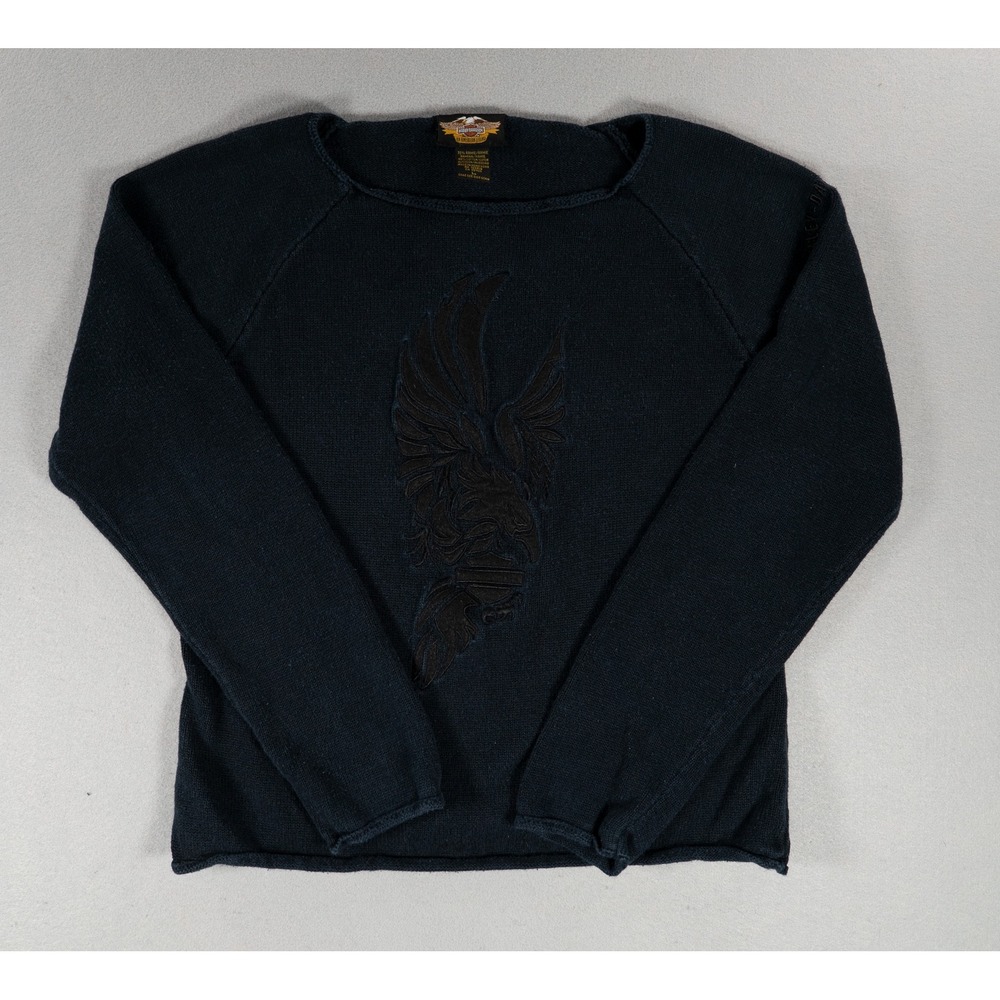 Vintage Harley-Davidson Women M Black Ramie Cotton Knit Sweater Embroidered Y2K